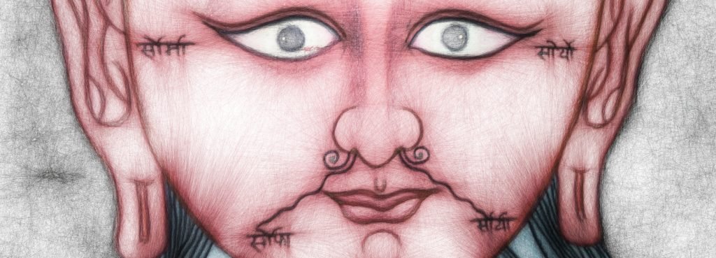 Figura dipinta su tanka con i percorsi del respiro attraverso le narici - Guida alla meditazione